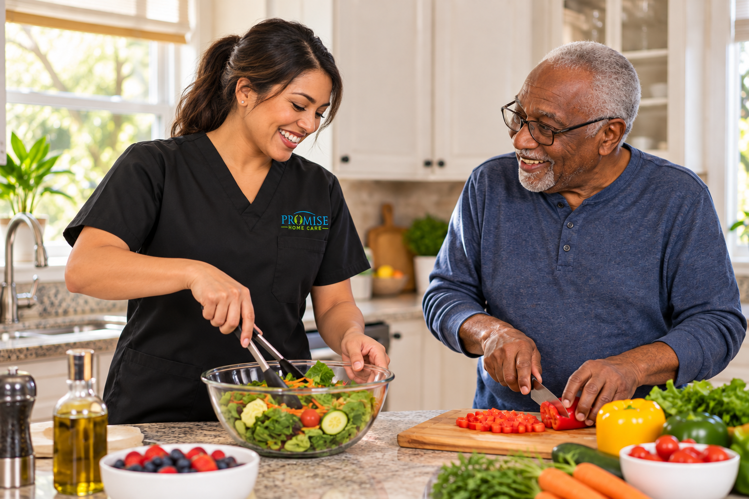 Promise Home Care caregiver preparing a meal with a client
