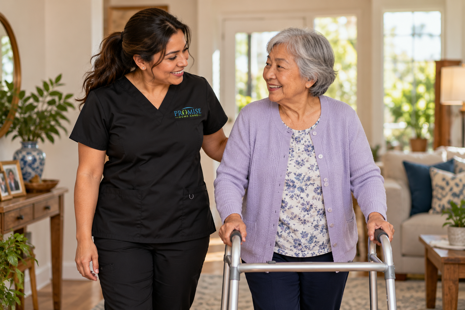 Promise Home Care caregiver supporting a client with mobility at home